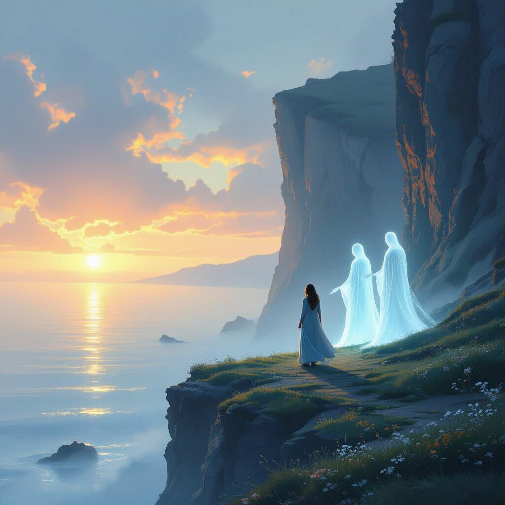 Woman Guided by Ethereal Beings at Mystical Seaside