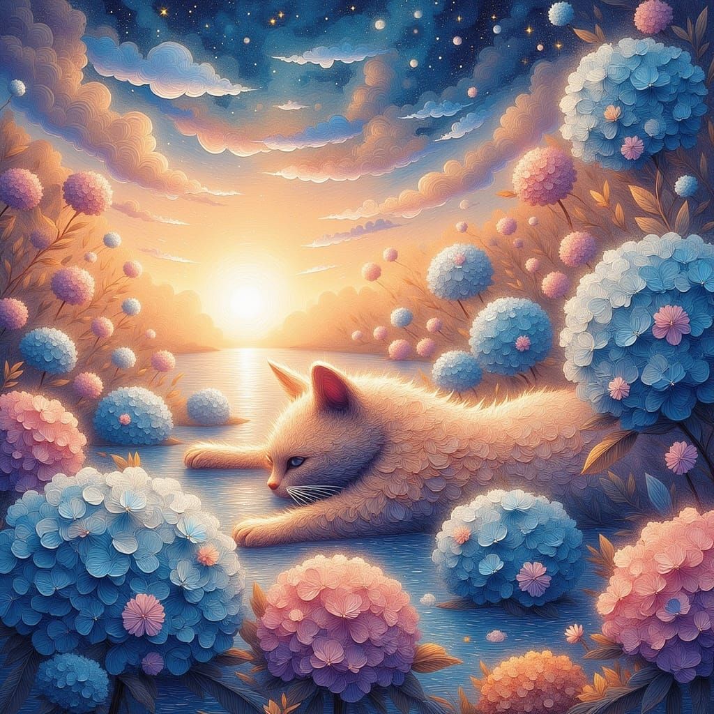 Cat on Crystal Lagoon with Hydrangeas in Digital Art