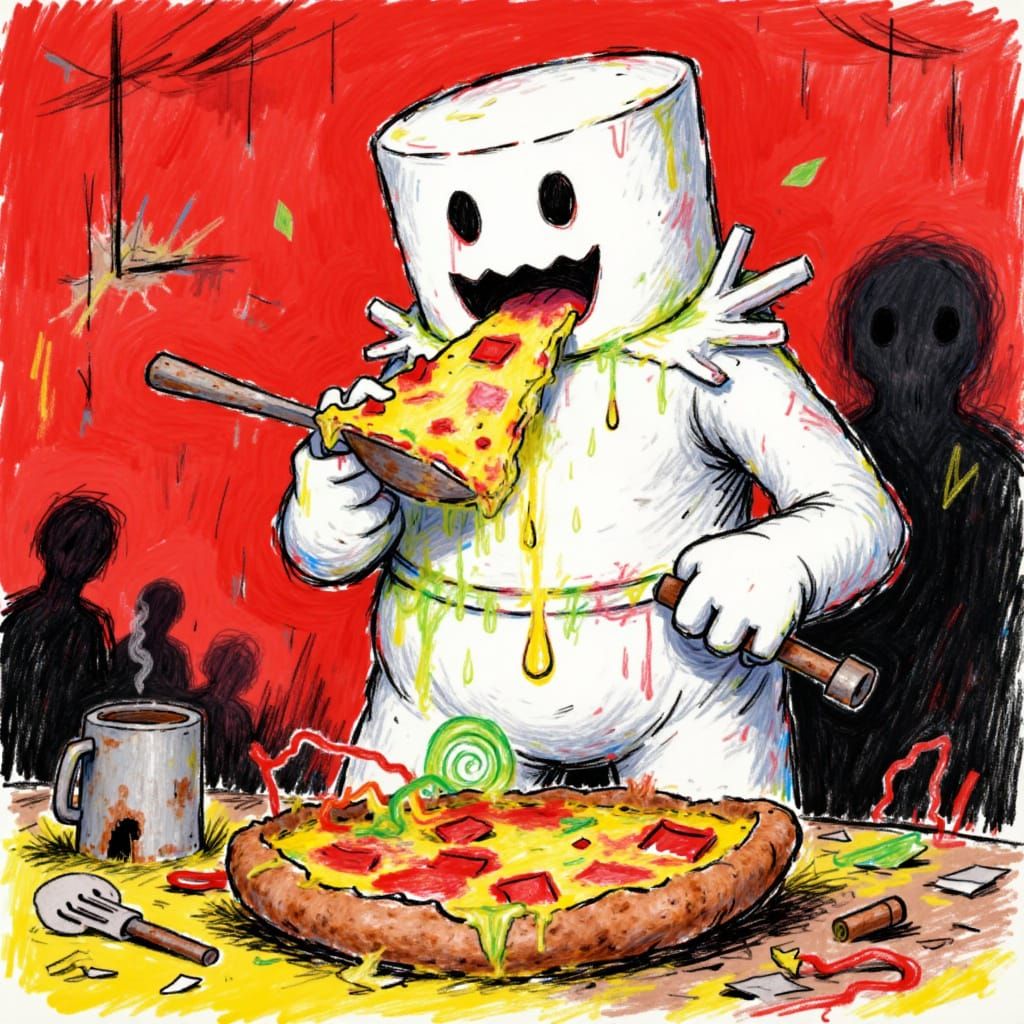 Marshmallow Man Eating Pizza With Spoon