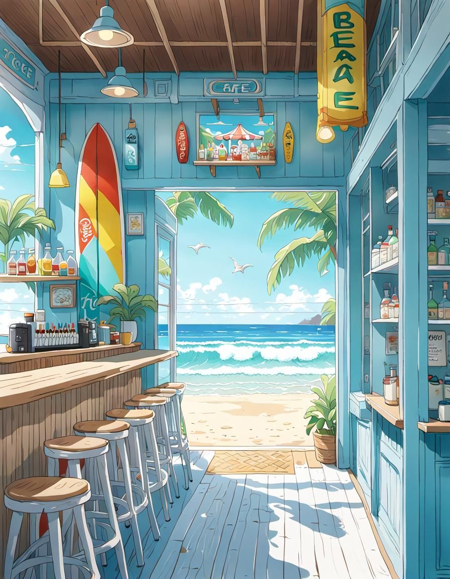 Charming Beachside Cafe in Anime Style