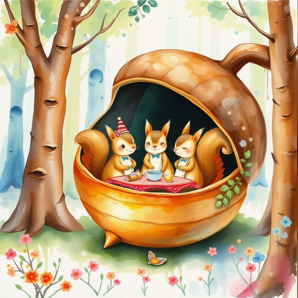 Squirrel Picnic in Acorn, Whimsical Watercolor Painting