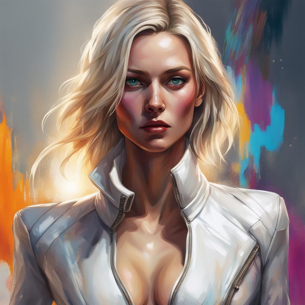 Goddess in White Jacket, Hyperrealistic Splash Art
