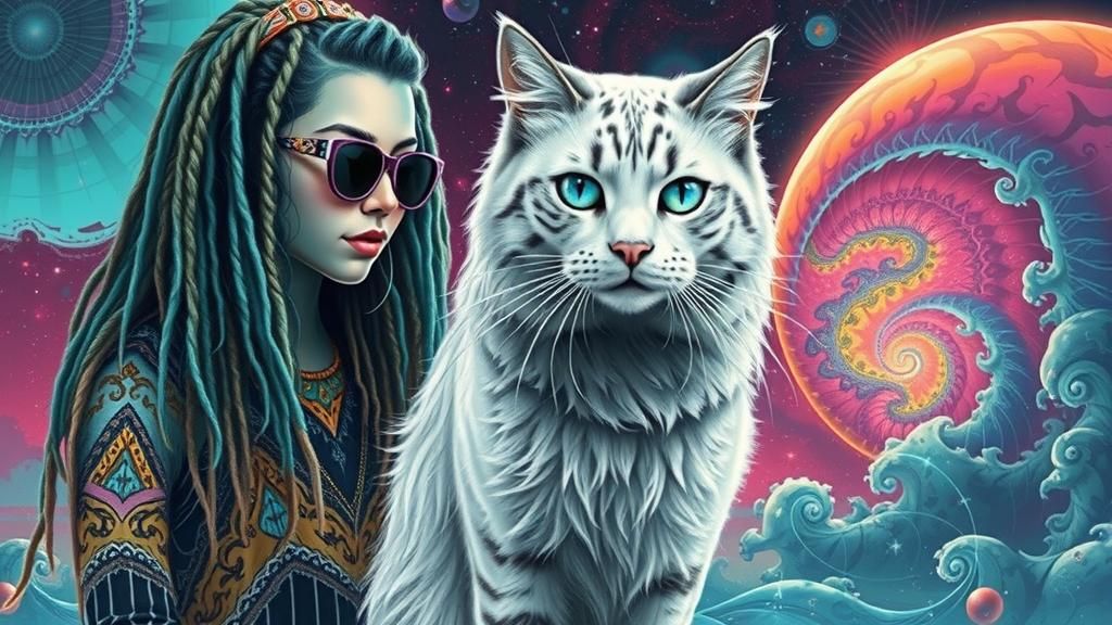 Cosmic Dreamscape: Punk Girl with Big Cat
