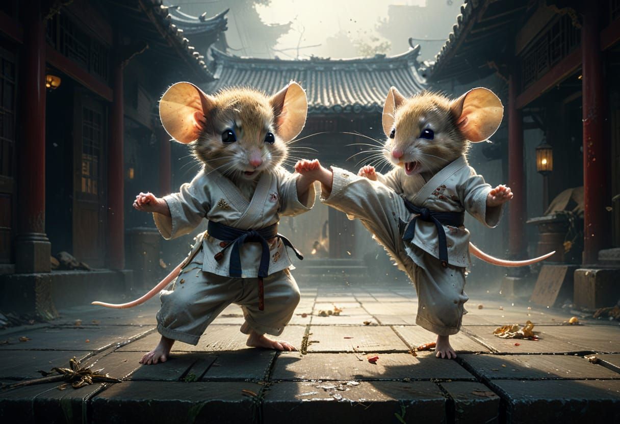 Two Cute Mice Karate Masters in Asian Courtyard