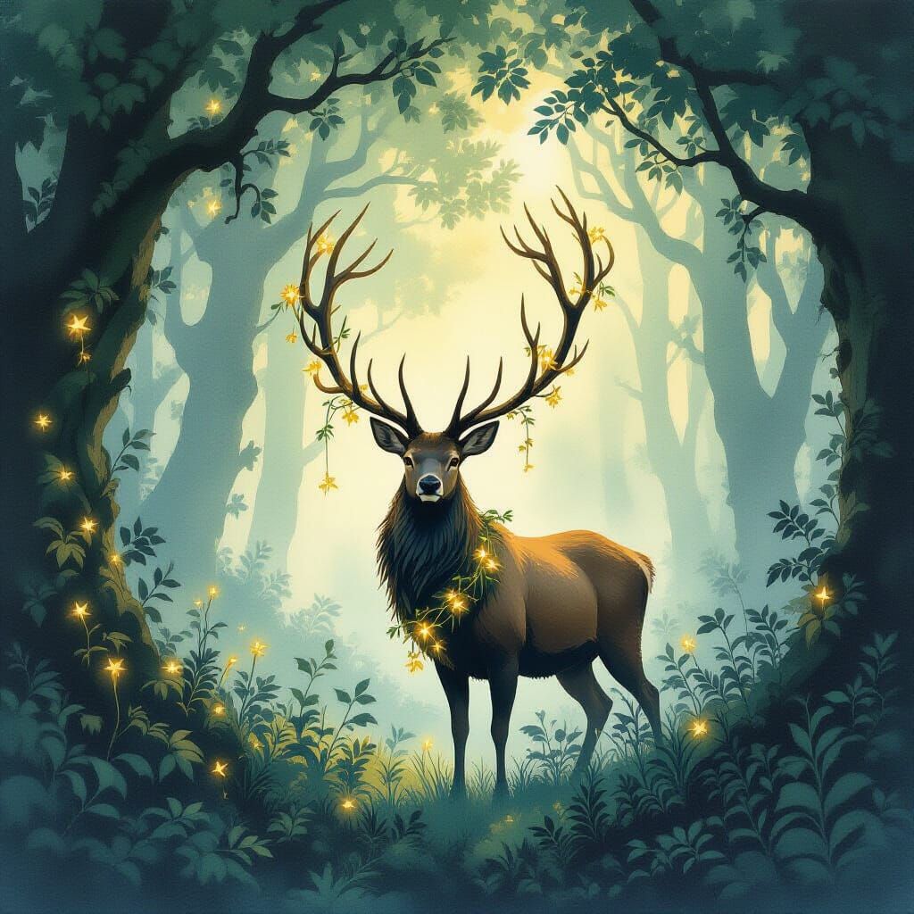 Majestic Stag in Misty Forest with Glowing Vines