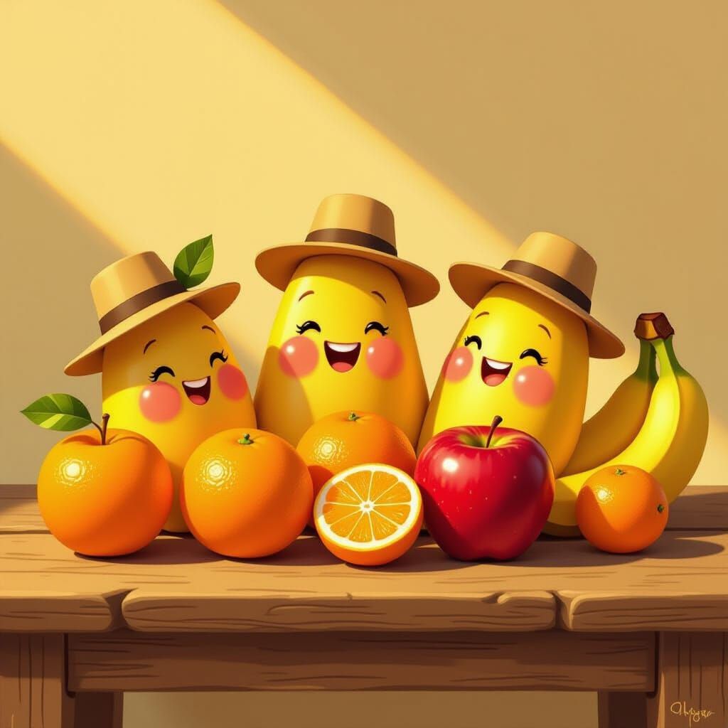 Whimsical Fruit Portrait on Rustic Table