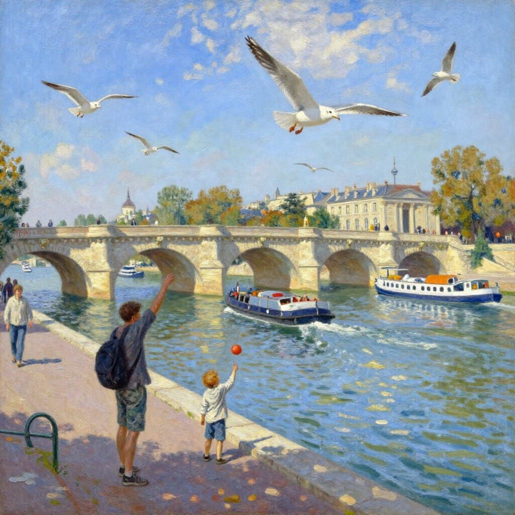 Majestic Stone Bridge on Sunny Day with River Activity