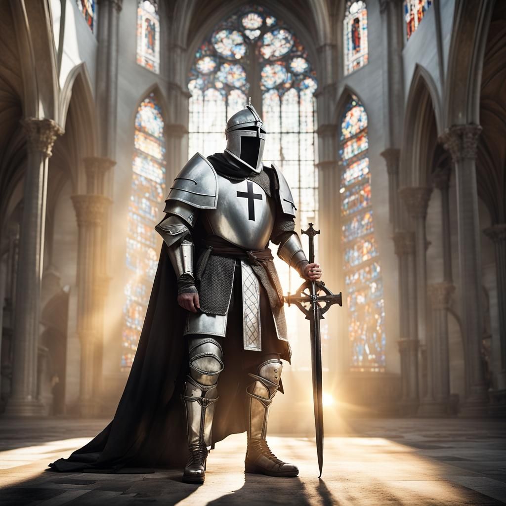 Teutonic knight wearing full plate armor covered with the te...