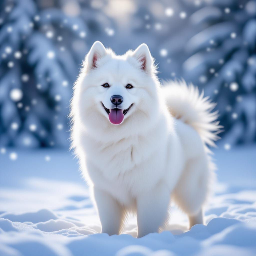 Fluffy Samoyed Dog in Snowy Winter Landscape