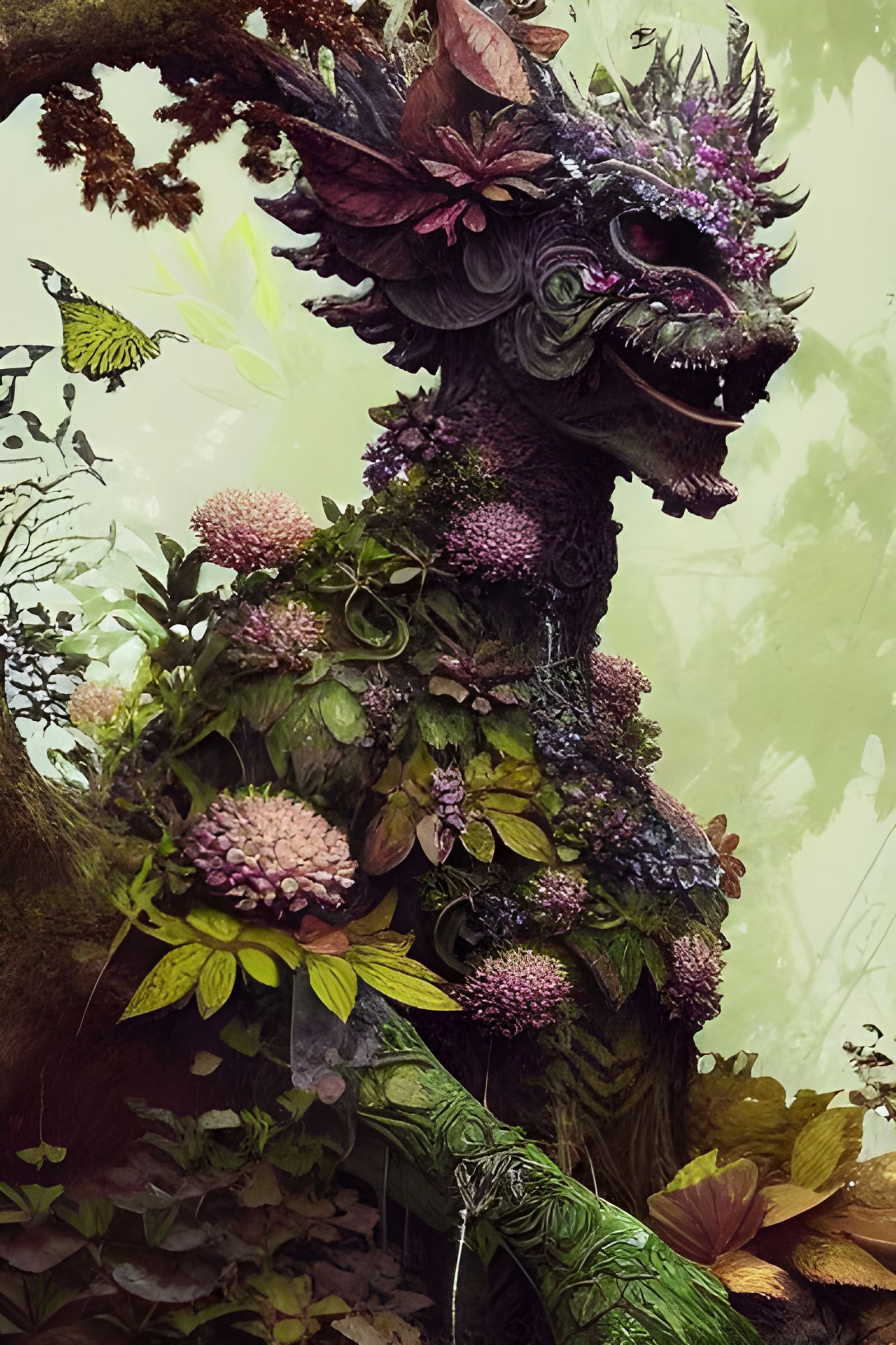 Enchanted Stone Gargoyle with Magical Foliage