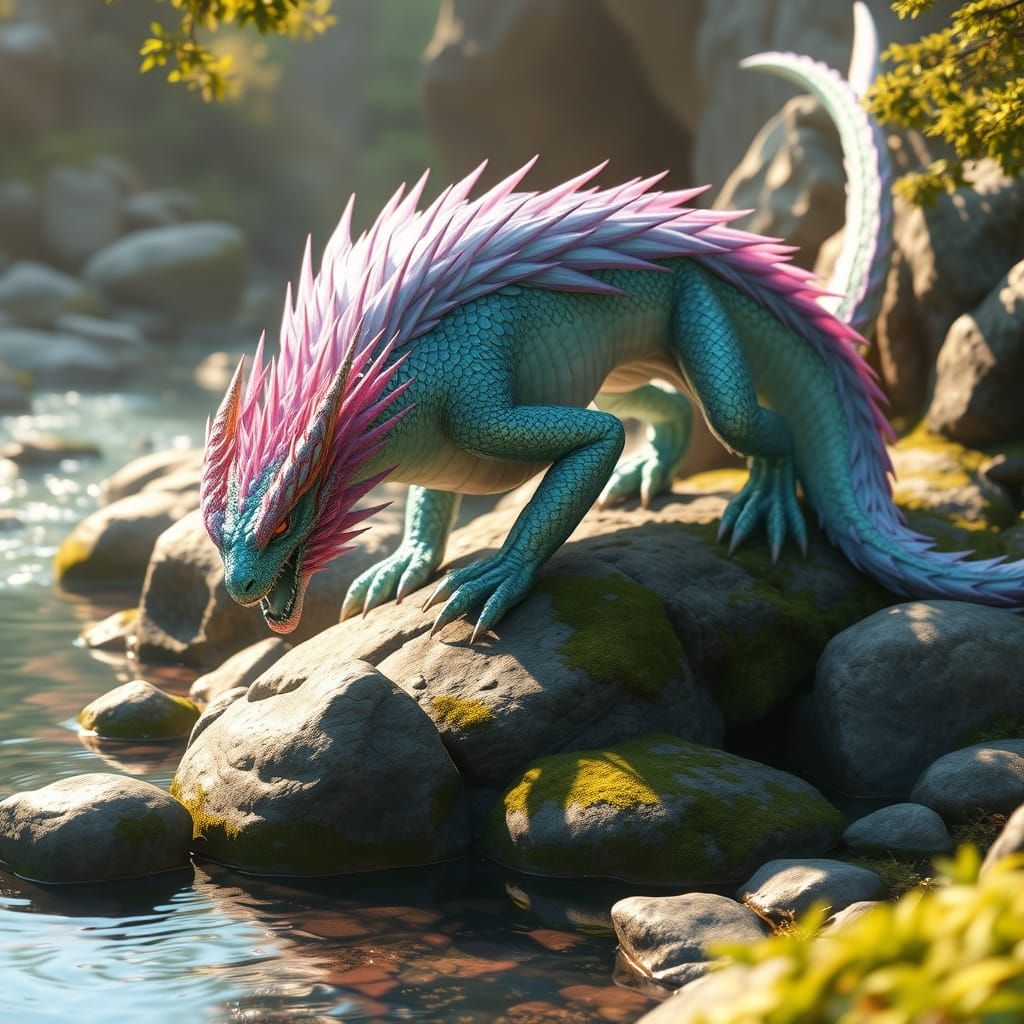 Mystical River Dragon in Hyper-Realistic 3D Anime Art