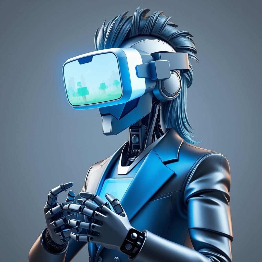 Futuristic Robot Plays Minecraft in VR with Style