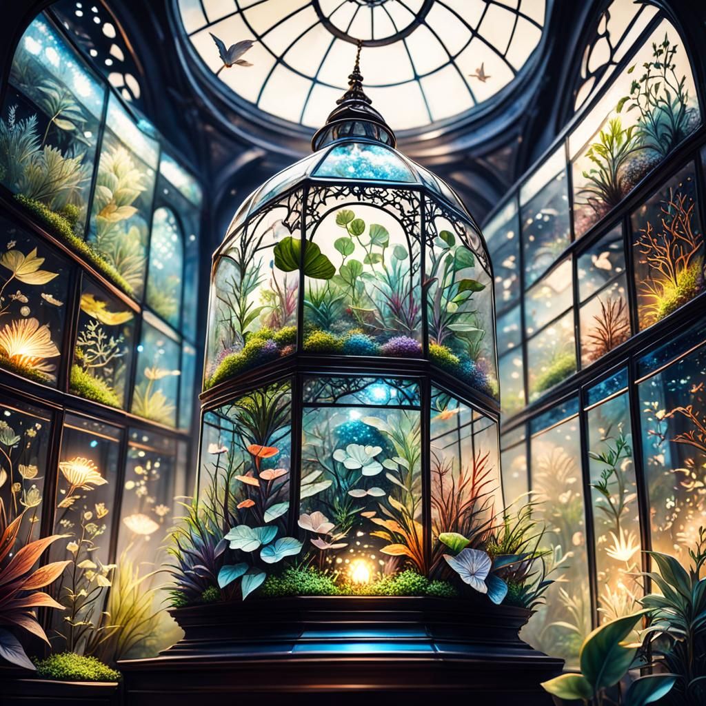 Exquisite Detailed Terrarium Displayed in Glass Case