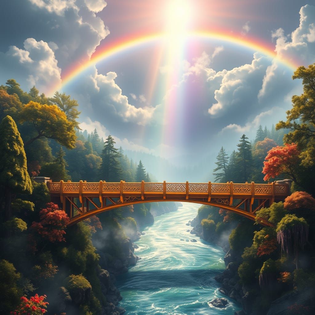 Majestic Golden Bridge Suspended Above Serene River