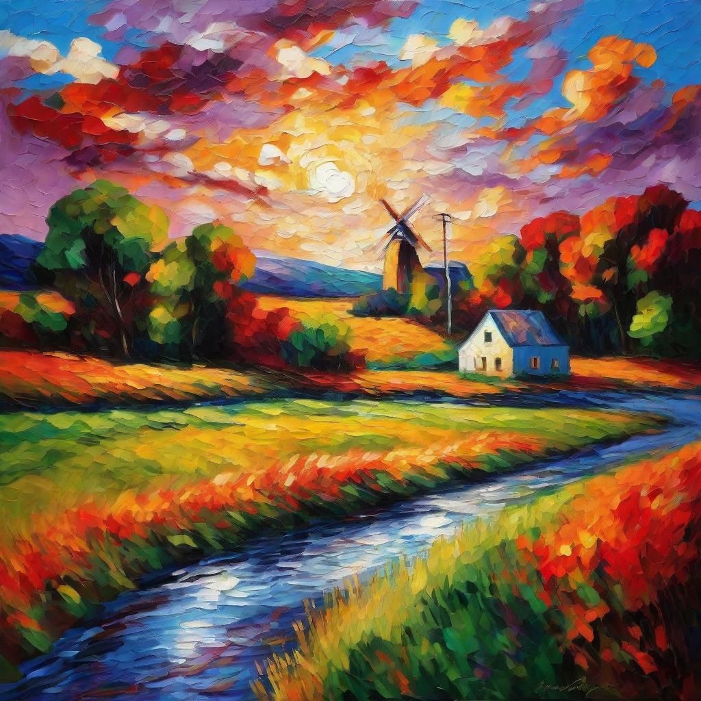 Vibrant River Meadow: Post-Impressionistic Oil Painting