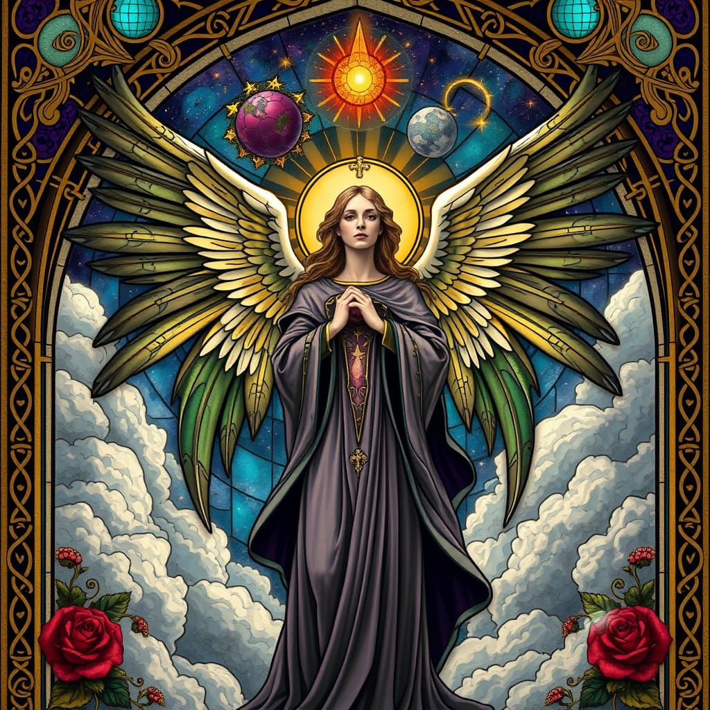 Angel in Gothic Revival Style with Golden Halos and Celestia...