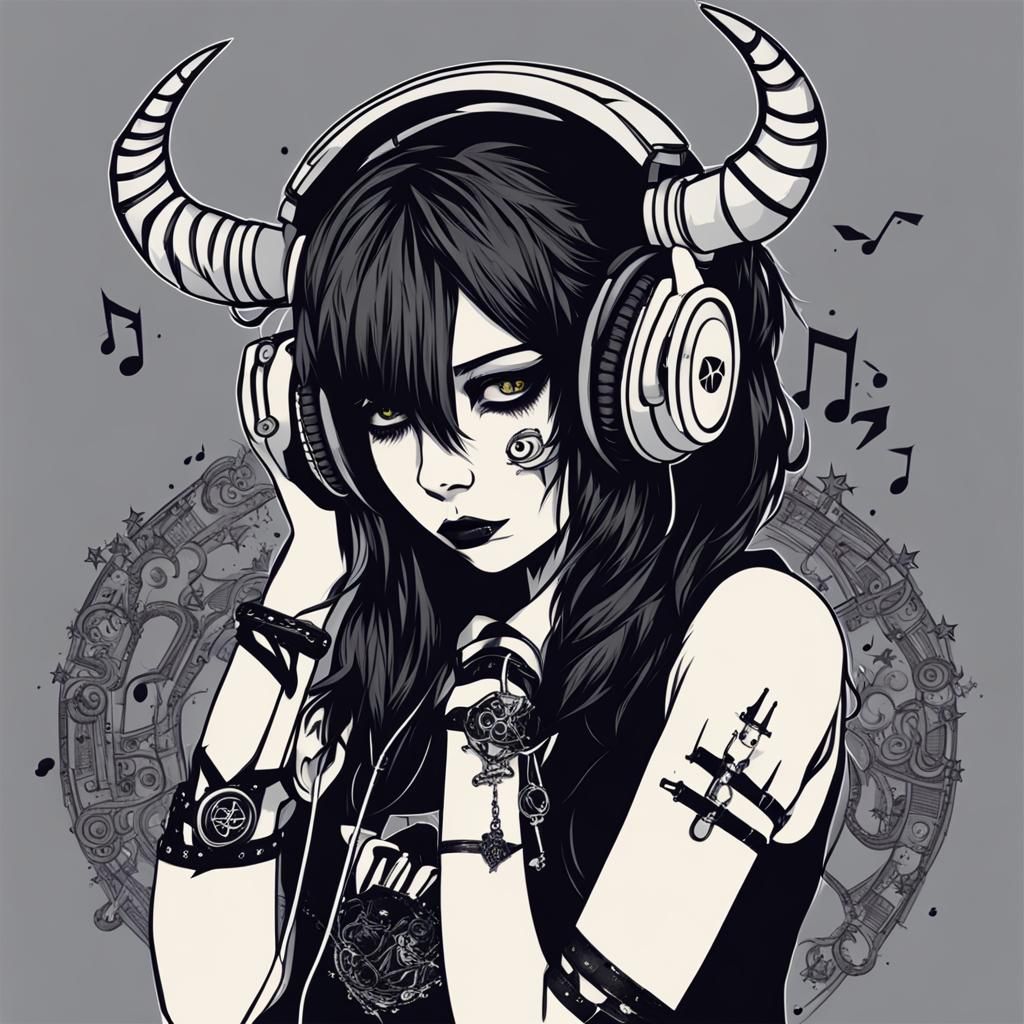 Gothic Emo Girl with Taurus Horns Listening to Music