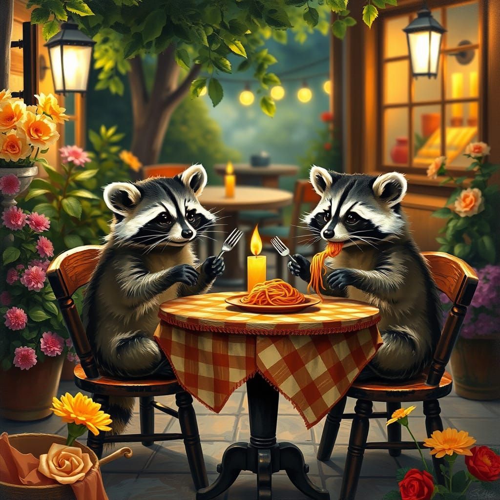Whimsical Raccoon Dinner Scene in a Rustic Backyard