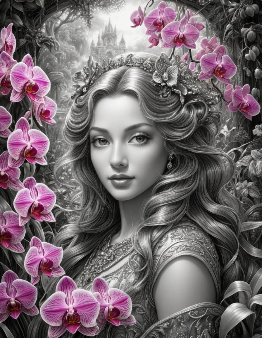 Romantic Magical Gardener in a Whimsical Orchid Grove, in a ...