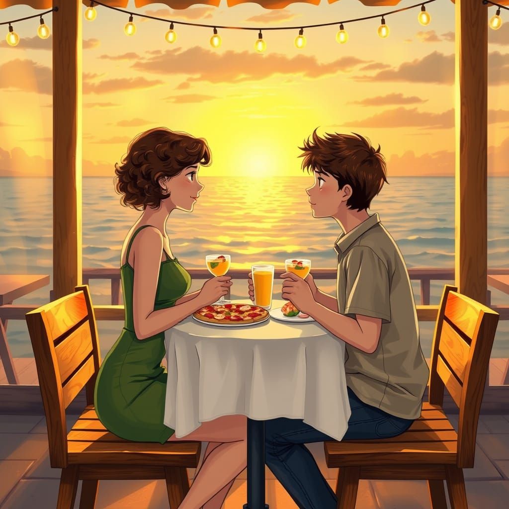 Teenage Couple's Romantic Seaside Date in Realistic Style