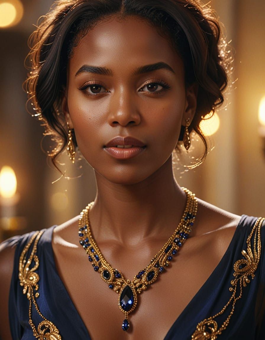 Ebony Woman with Neptunite Necklace as Oil Painting