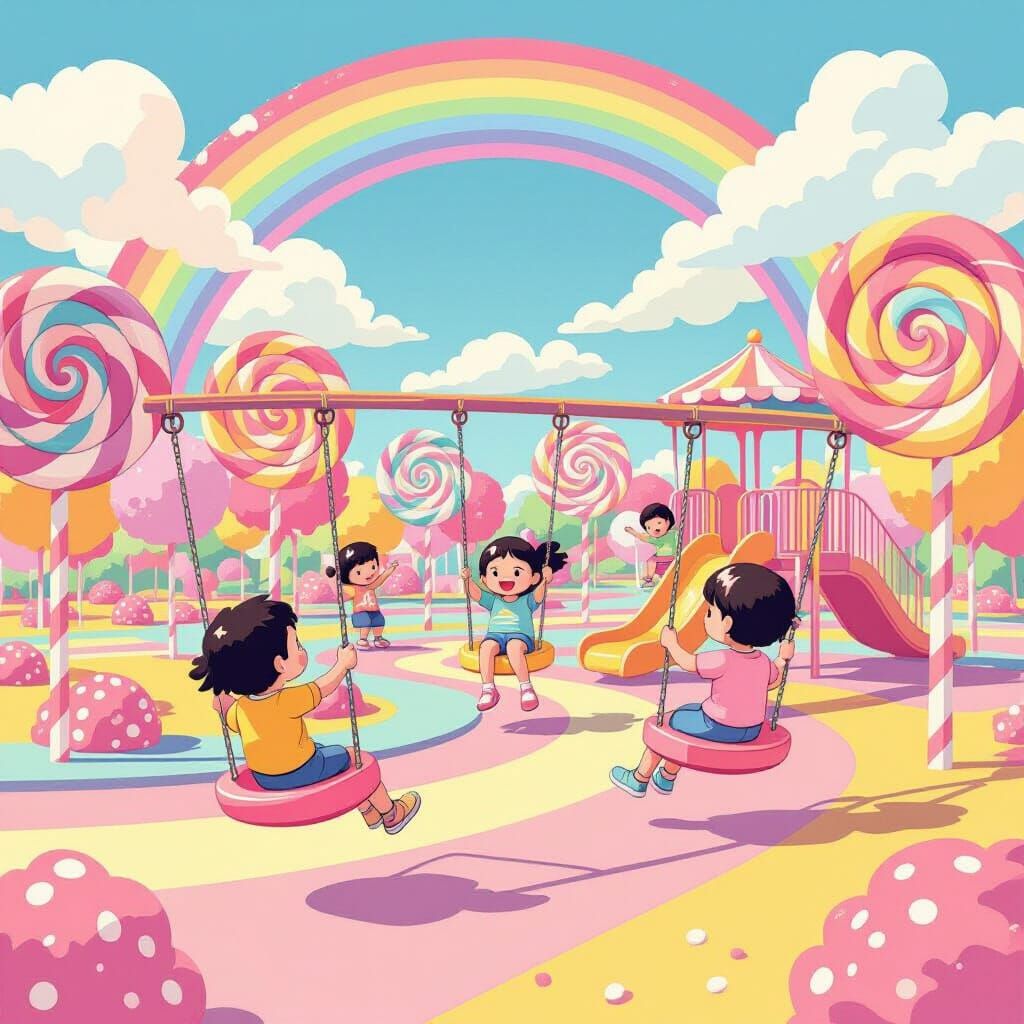 Children Play in Vibrant Candy Park with Rainbow