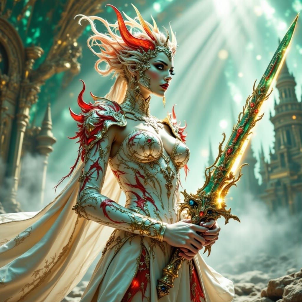 Regal Lady Warrior in Alien Armor, Radiant in Crimson and Go...