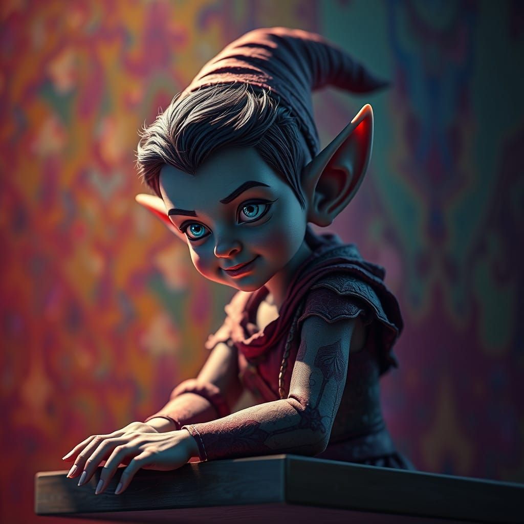 Surreal Hyperrealistic Elf on a Shelf in Mysterious Midday L...