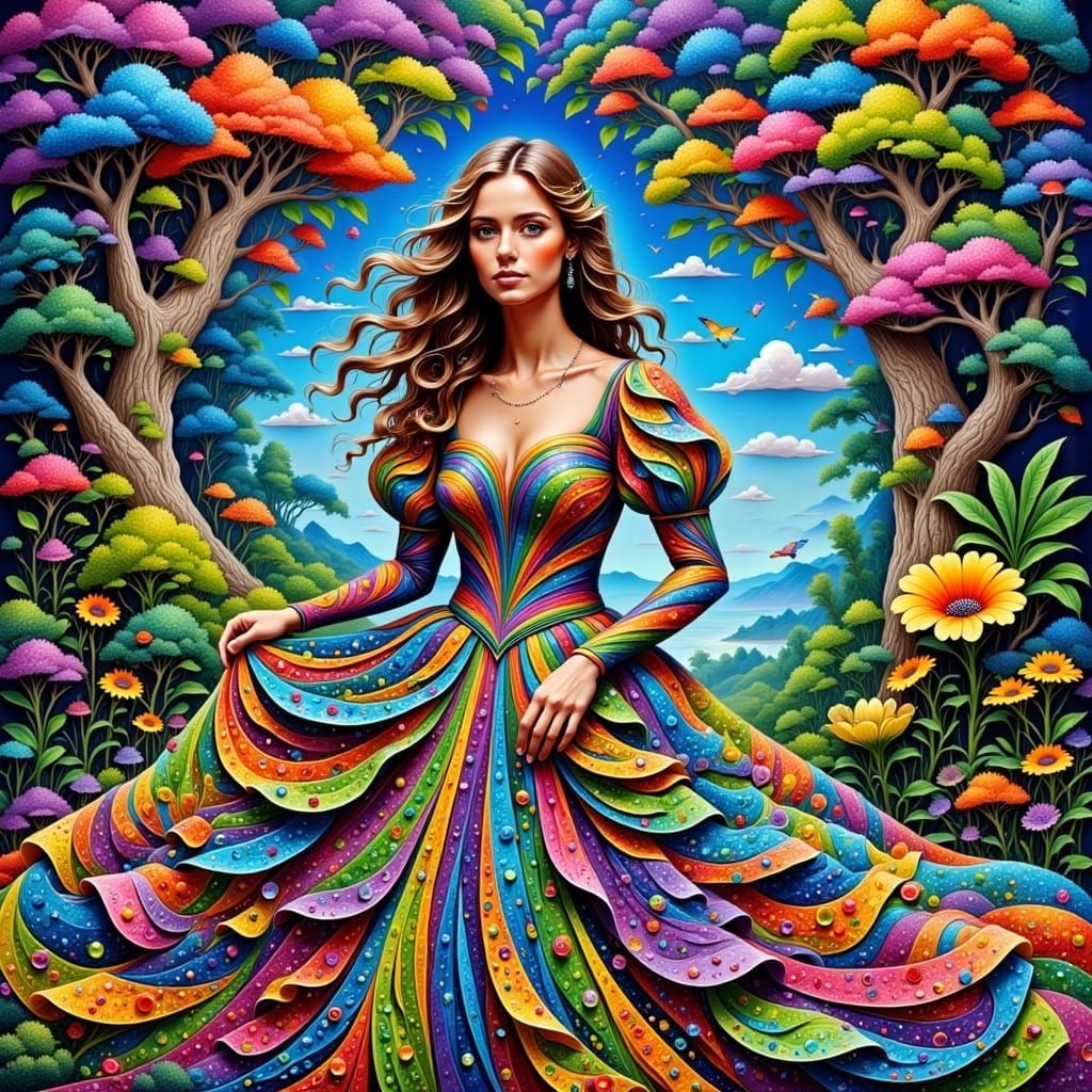 Woman in Fractal Rococo Gown in Surreal Garden