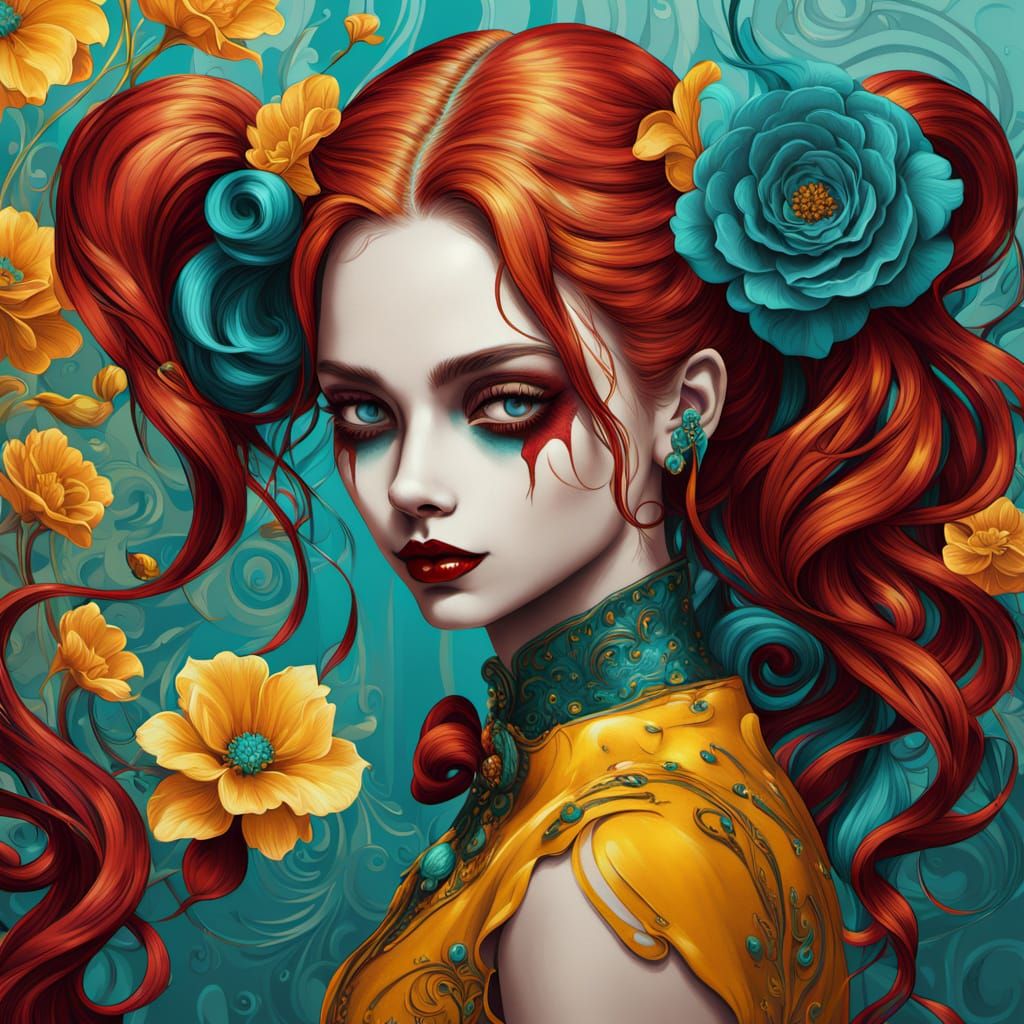 Surreal Portrait of Harley Quinn in Vibrant Yellow-Toned Col...