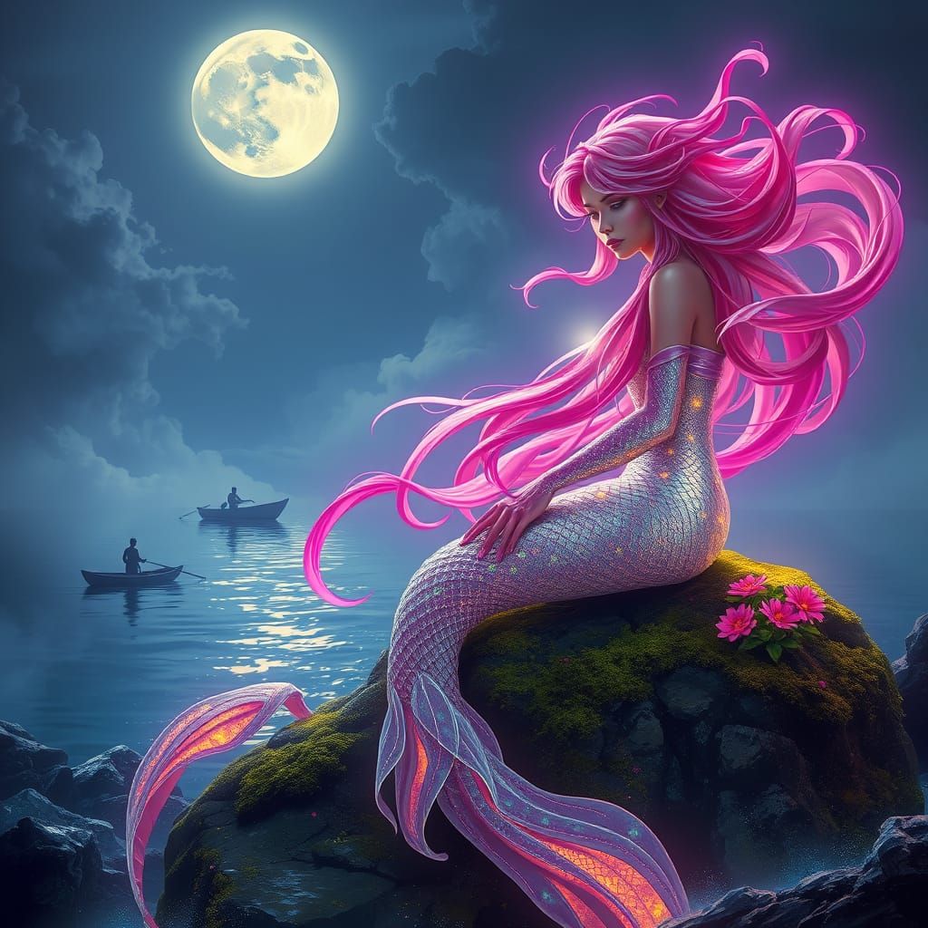Cyber Mermaid Under Moonlit Sea: Hyperrealistic Matte Painti...