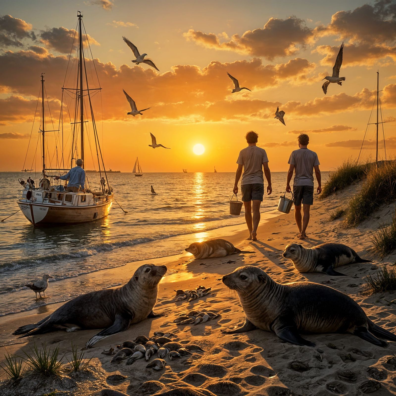 Sunset Over Wadden Sea with Seals and Sailboats