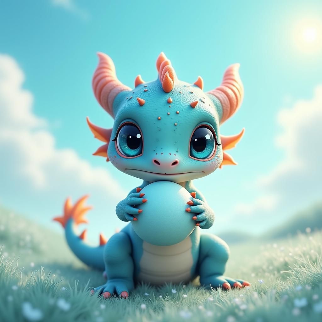 Cute Blue Dragon Playing with a Ball