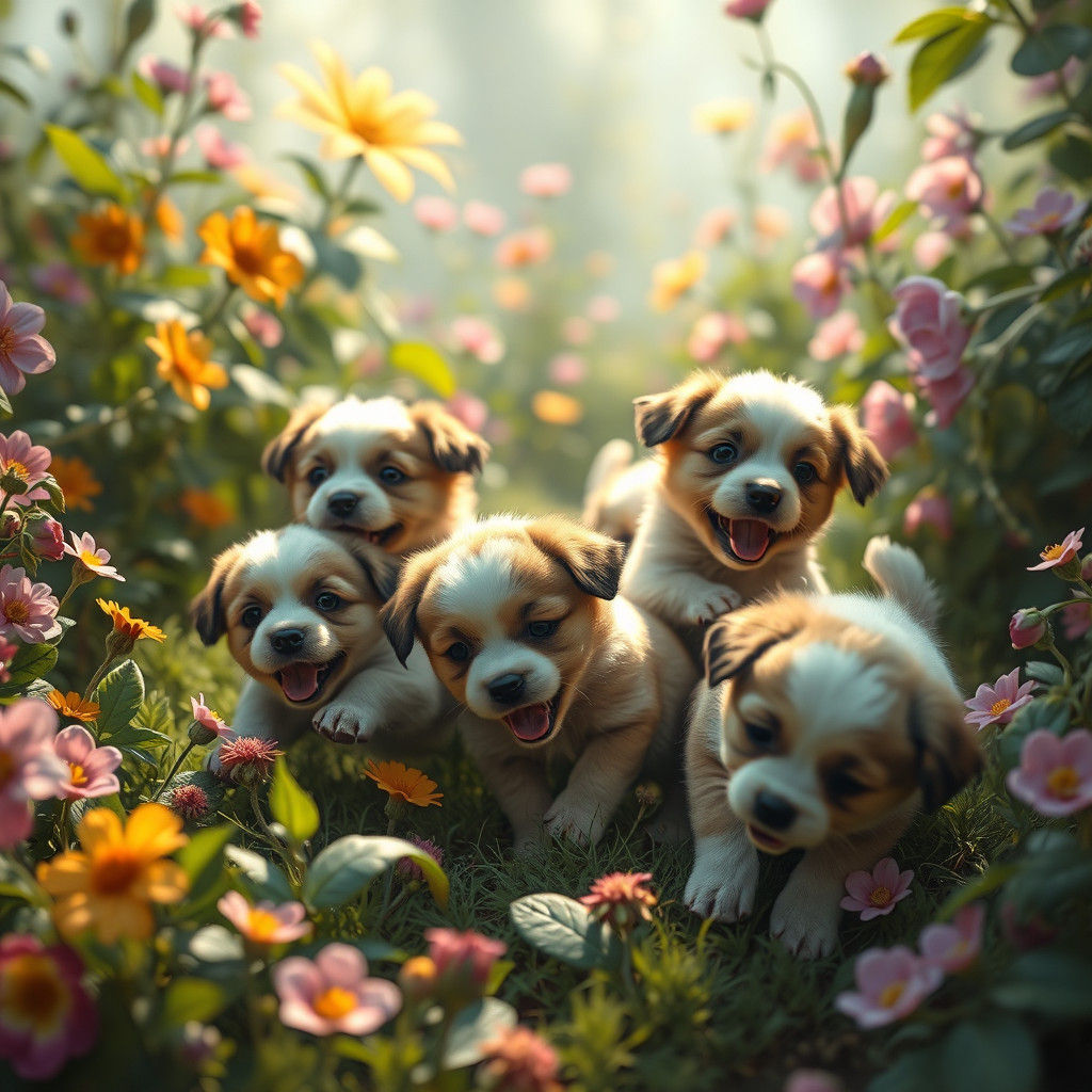 Playful Puppies Frolic in Dreamlike Fantasy Landscape