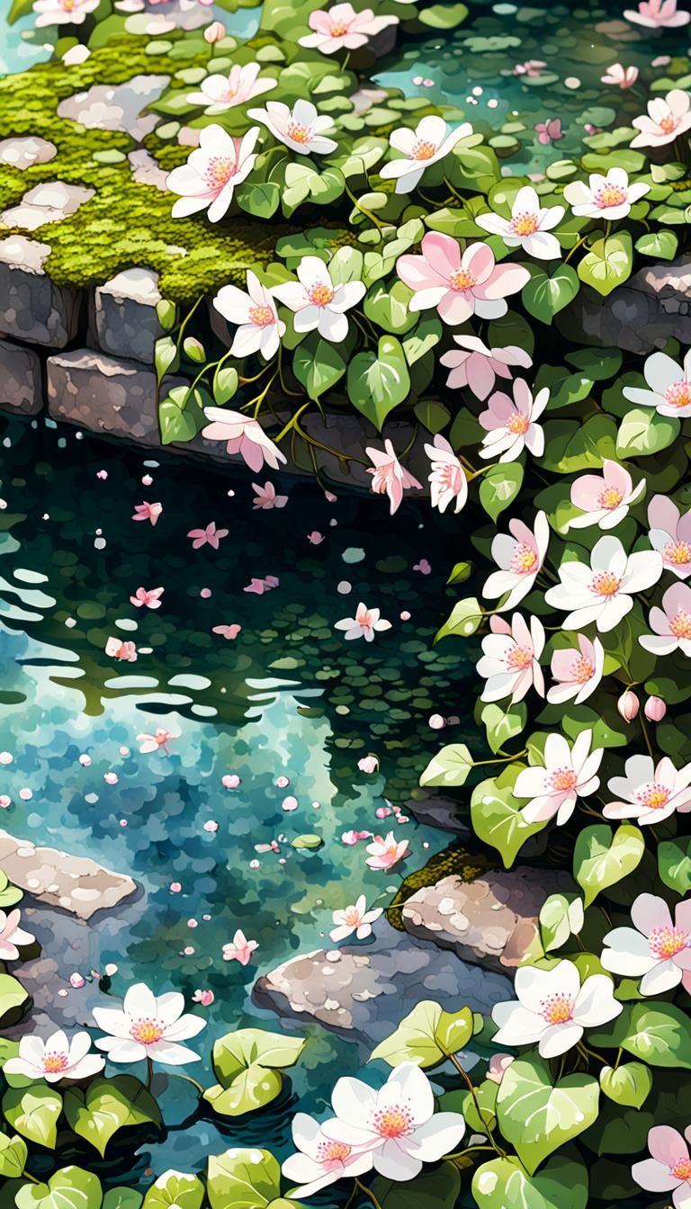 Serene Blossom Pool in Watercolor Painting Style