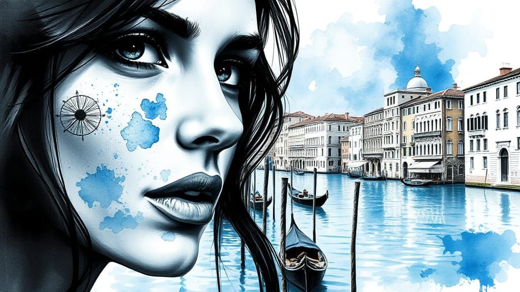 Colorful Woman's Face in Venice Landscape Watercolor