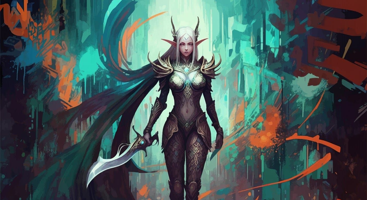 Fantasy Elf Warrior in Graffiti Cityscape