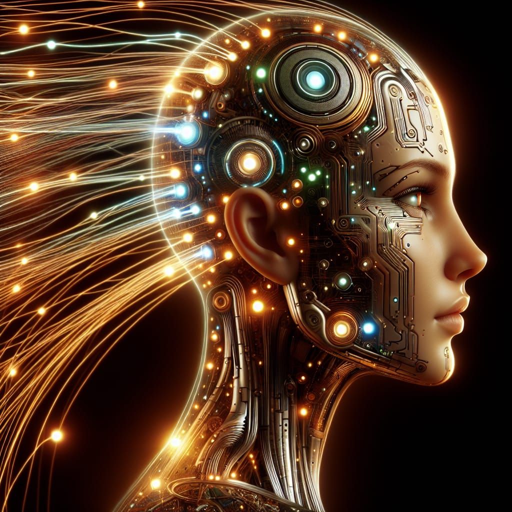 Futuristic Woman Integrated with Luminescent Cybernetics