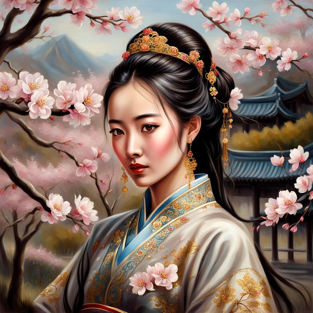 Chinese Princess Portrait with Cherry Blossoms
