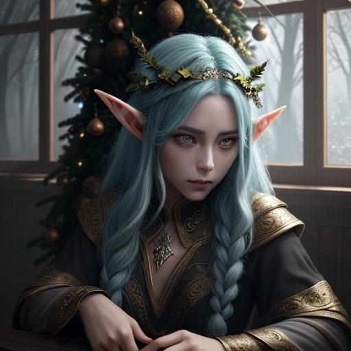 Elven Figures Decorating a Magic Christmas Tree