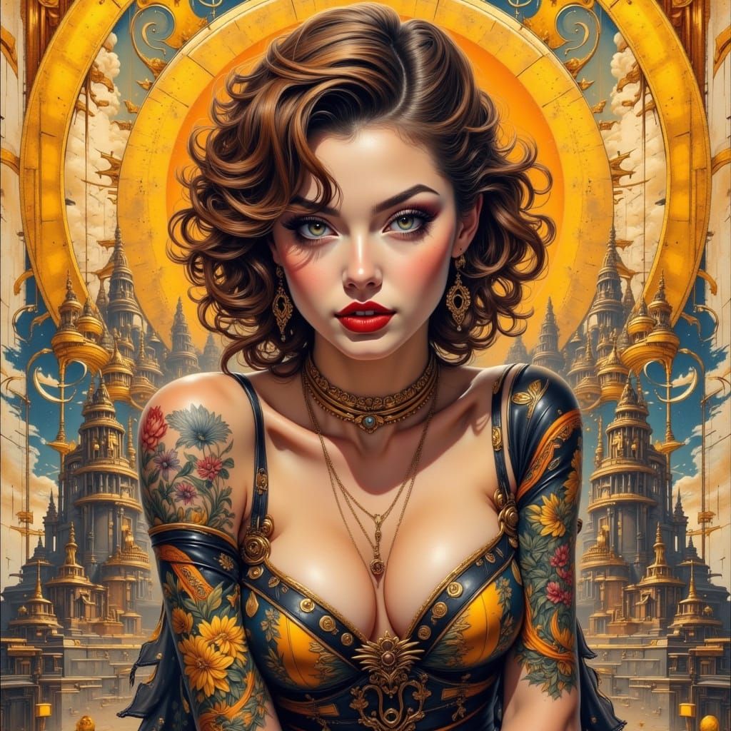 Pinup Girl with Ancient Gold Ornamentation