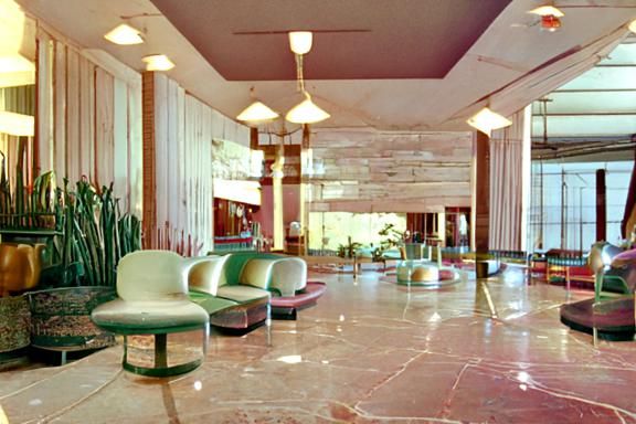 Eerie 1960s Hotel Lobby in Film Photography Style
