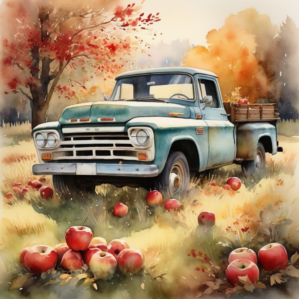 Whimsical Watercolor of Giant Apple in Truck