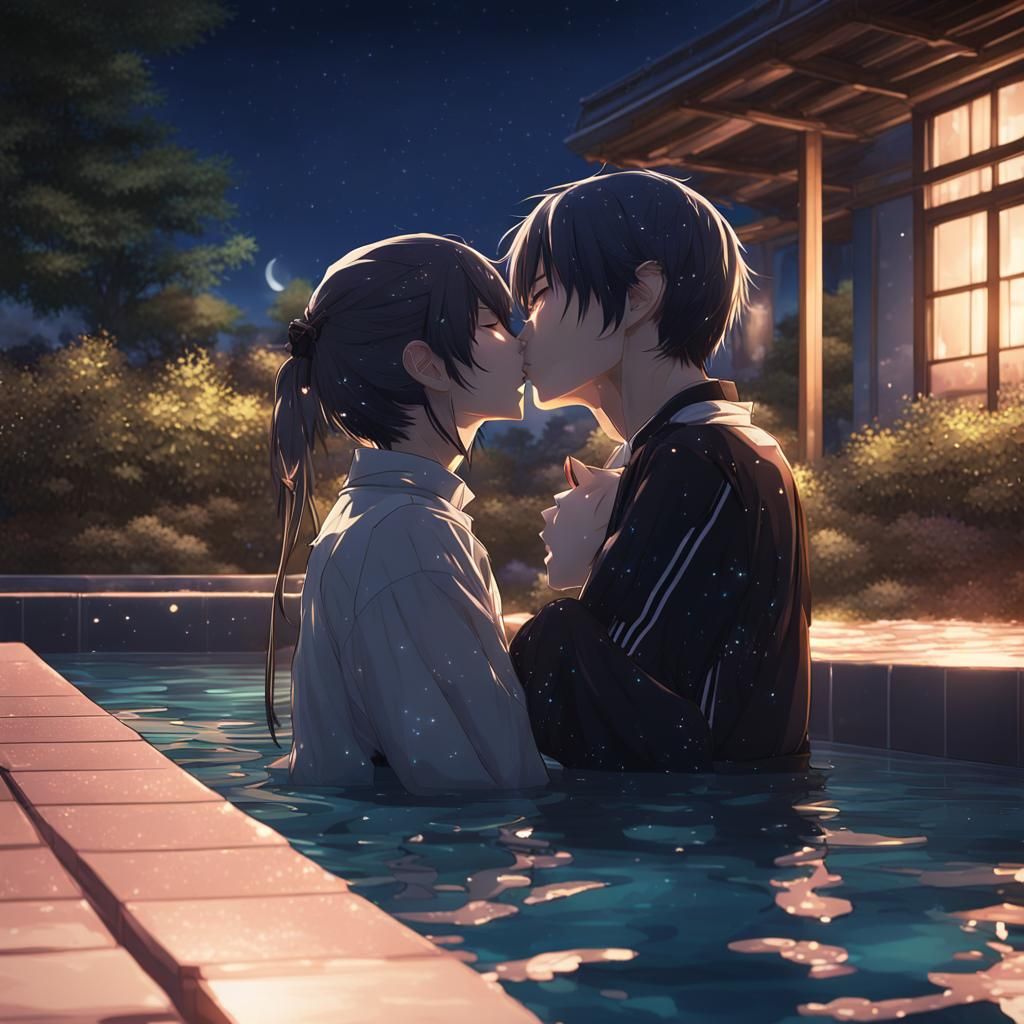 Night Pool Kiss: Detailed 3D Anime Art
