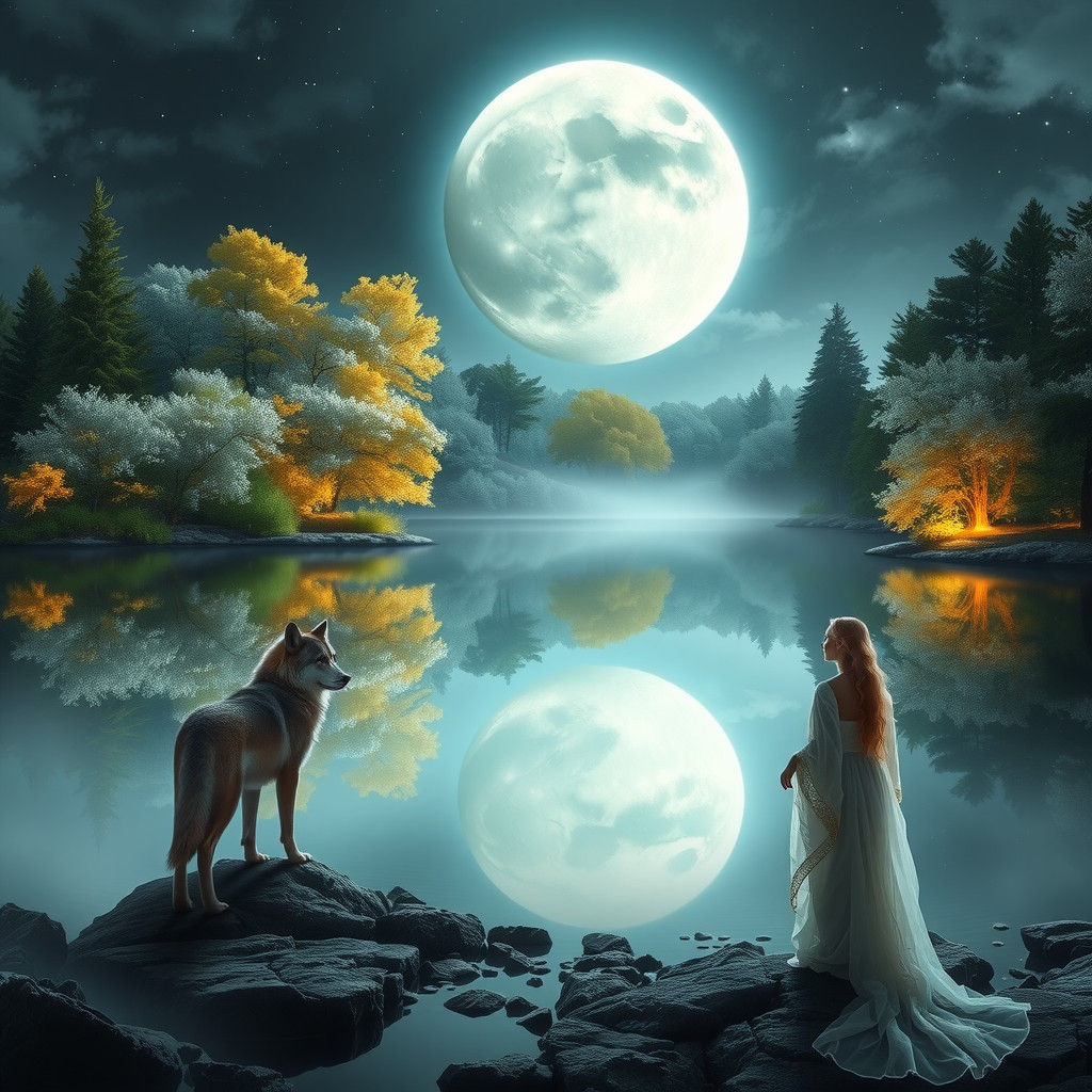 Medieval Mansion Glows with Ethereal Light by the Serene Lak...