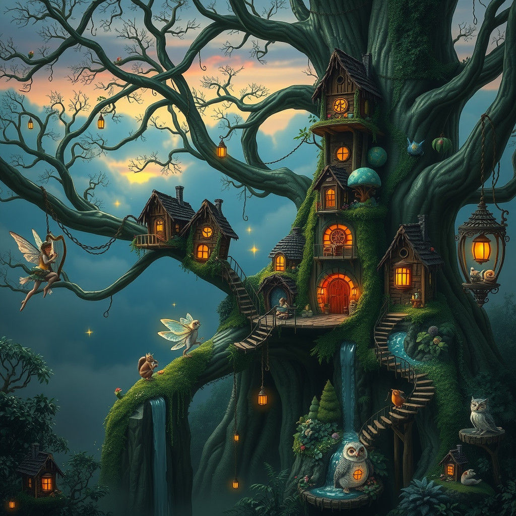 Medieval Fantasy Treehouse Village in a Lush Oasis