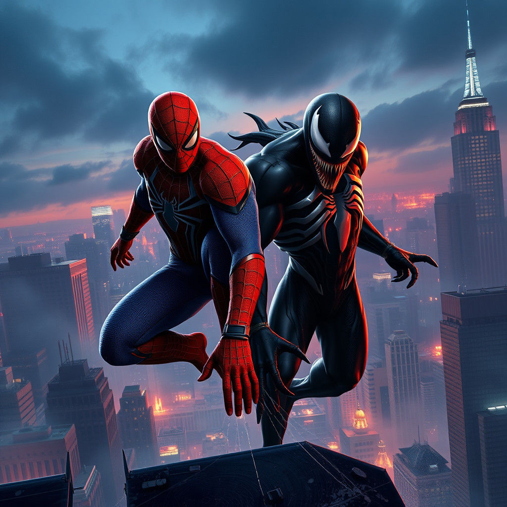 Spider-Man and Venom in Atmospheric Cityscape