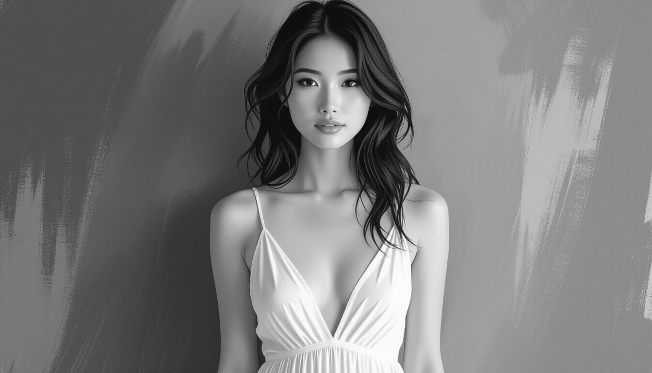 Asian Woman in Charcoal Sketch Style