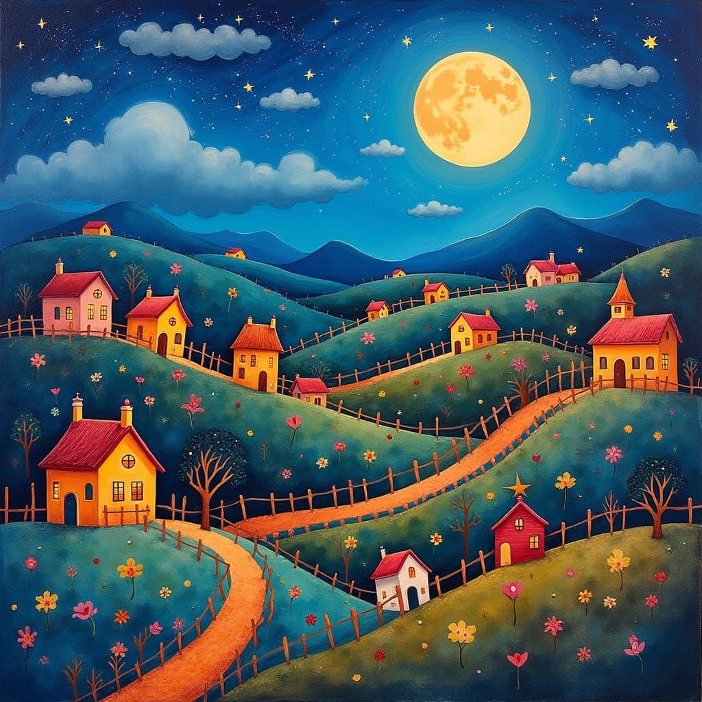 Whimsical Village by Glowing Moonlight