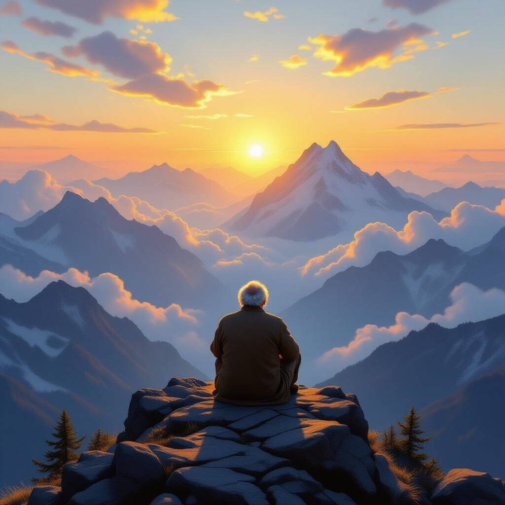 Elderly Man Gazes at Boundless World from Mountain Peak